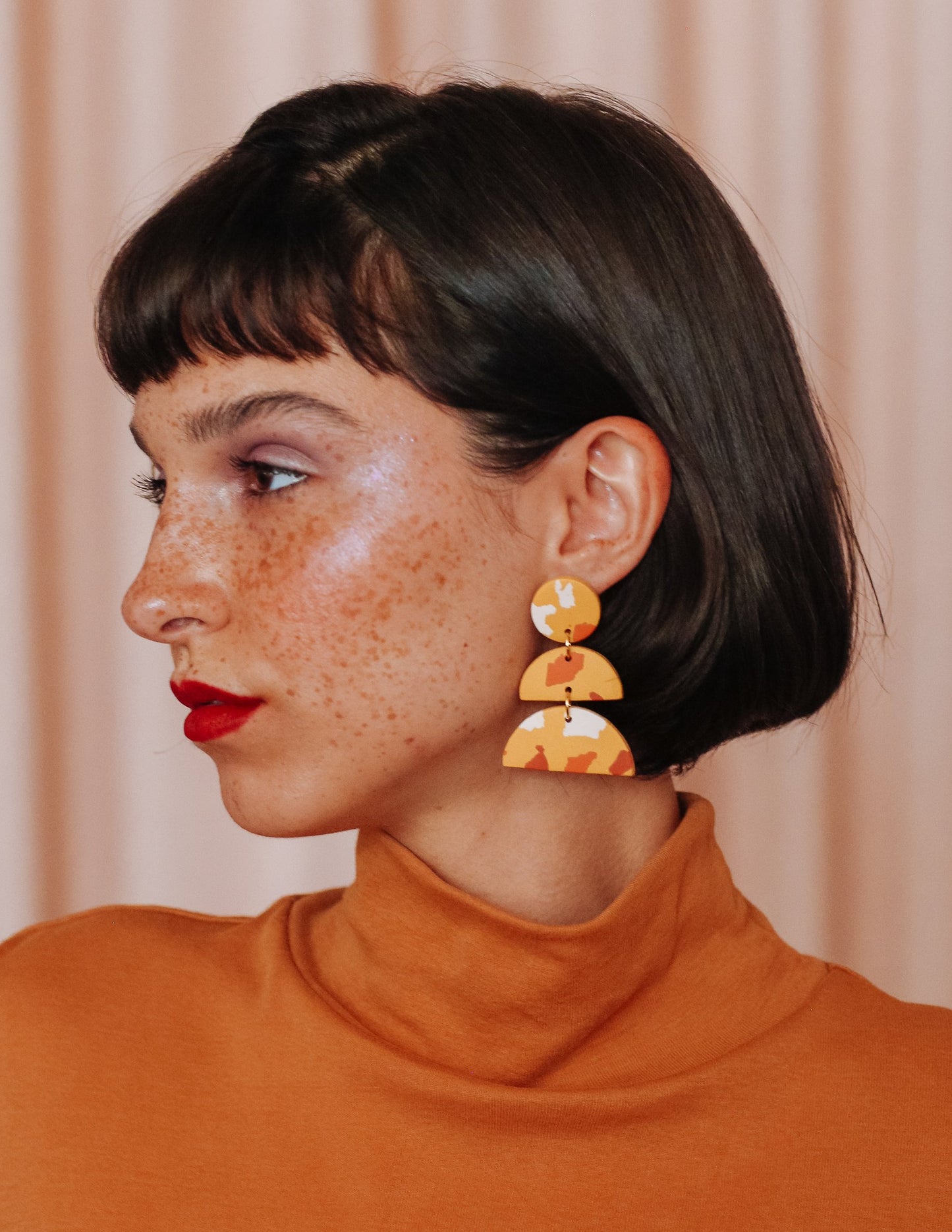 Double Half Moon Earrings - Mustard Terrazzo