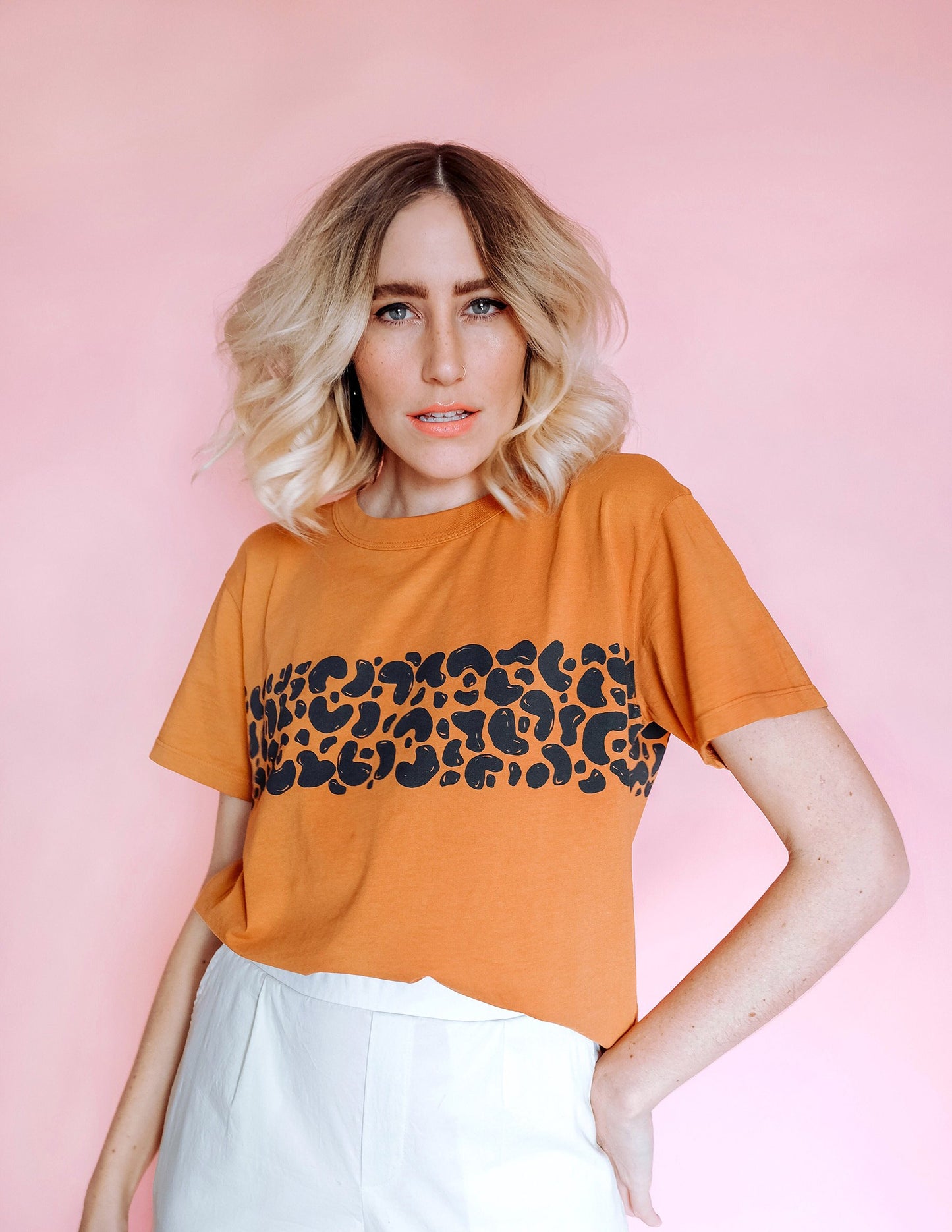 Painted Leopard Stripe Boxy Tee - Cognac & Black