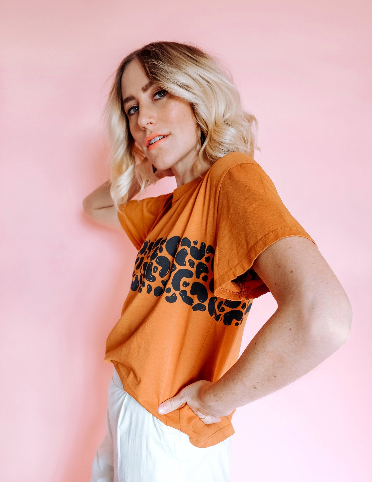 Painted Leopard Stripe Boxy Tee - Cognac & Black